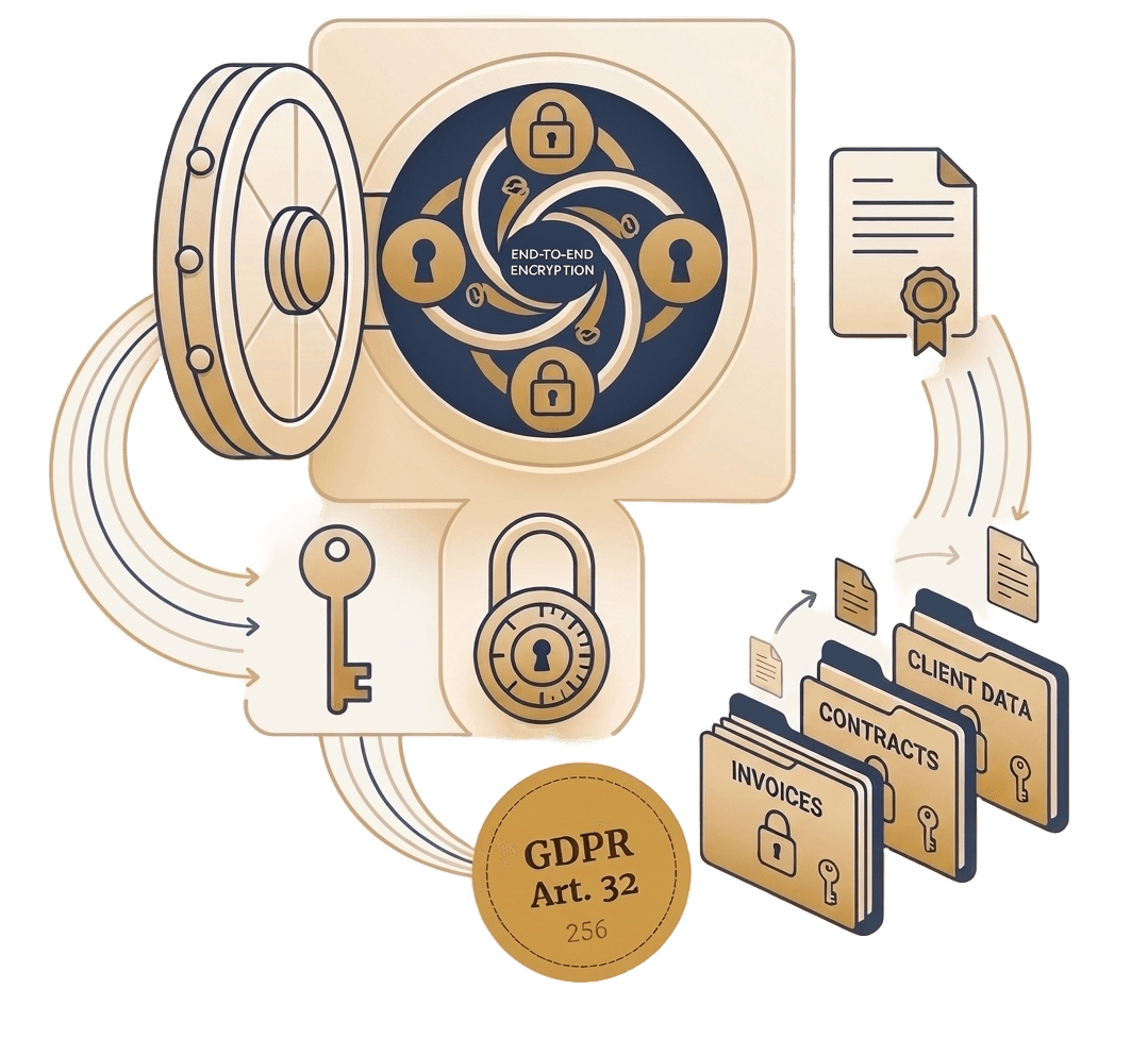Cassaforte digitale Securoo: cifratura end-to-end con chiavi del cliente, conforme GDPR Art. 32, archiviazione protetta di fatture, contratti e dati cliente.